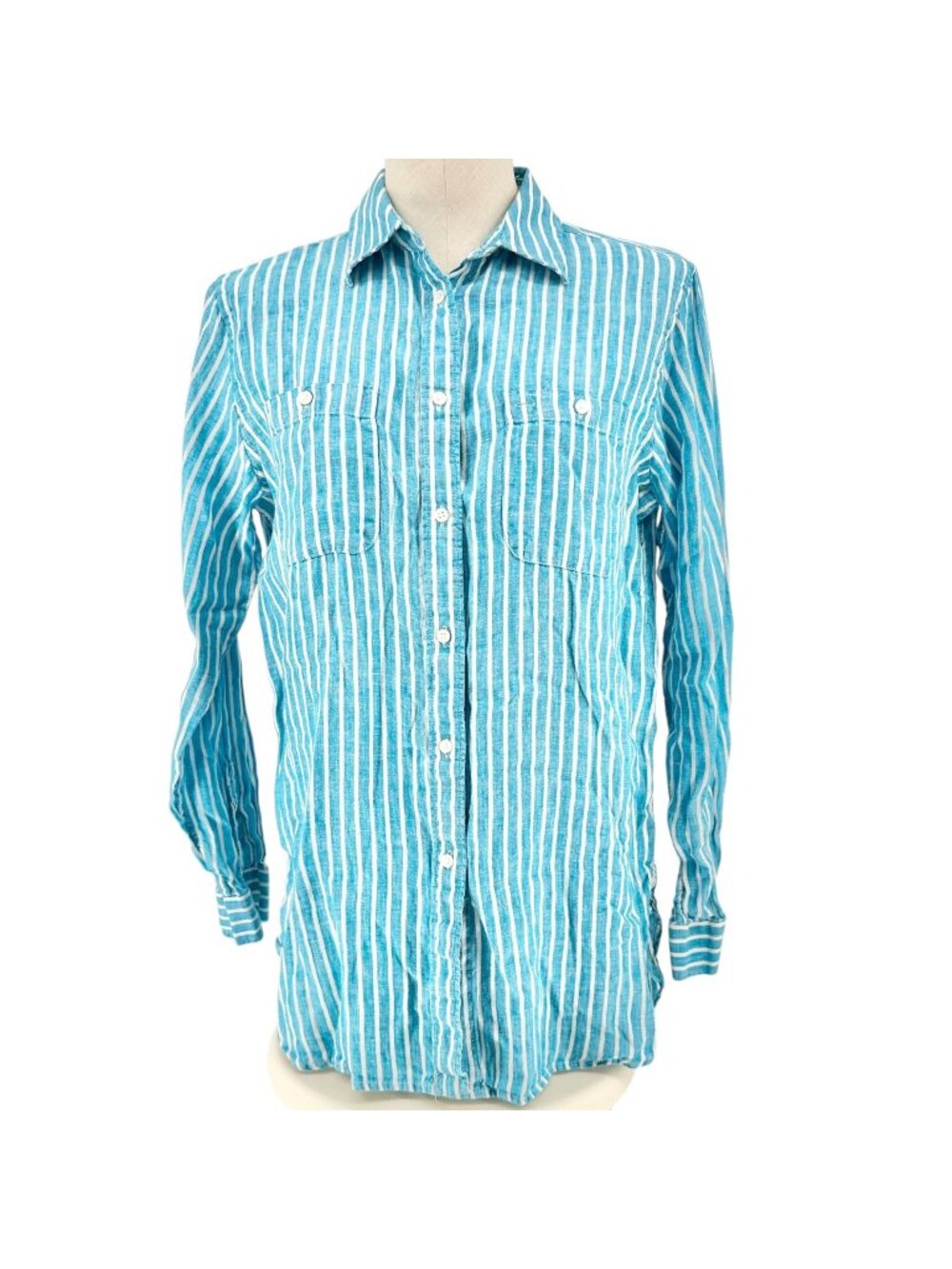 Lauren Ralph Lauren Button Up Shirt Womens L Blue White Striped LS Cotton Blend